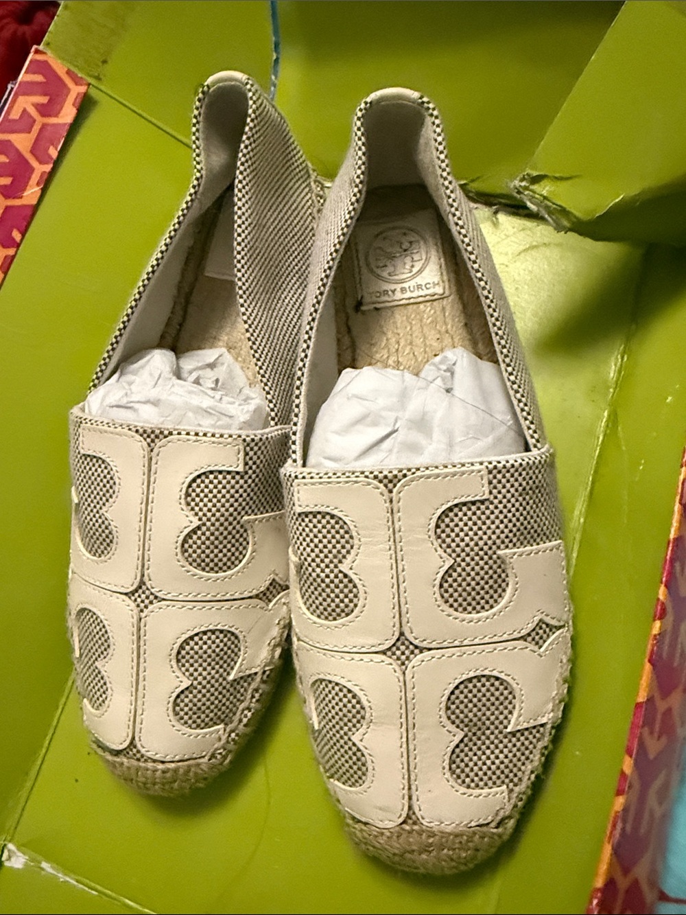 Tory Burch Cream Leather & Woven Espadrille Slip-Ons